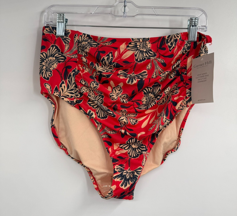 NWT Garnet Hill Ruched High Waisted Bikini Bottom Size 12 Red Blue Floral Lined